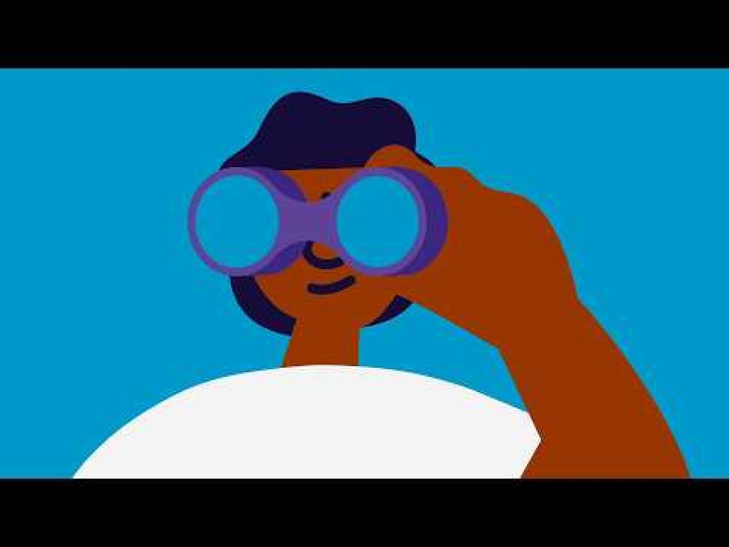 Eine Illustration einer Person, die durch ein blaues Fernglas blickt, vor einem strahlend blauen Hintergrund.