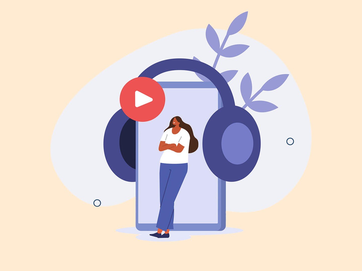 Illustration einer Frau, die vor einem großen Smartphone mit überdimensionalen Kopfhörern und einem Wiedergabetaste-Symbol steht, im Hintergrund sind abstrakte Blätter zu sehen.