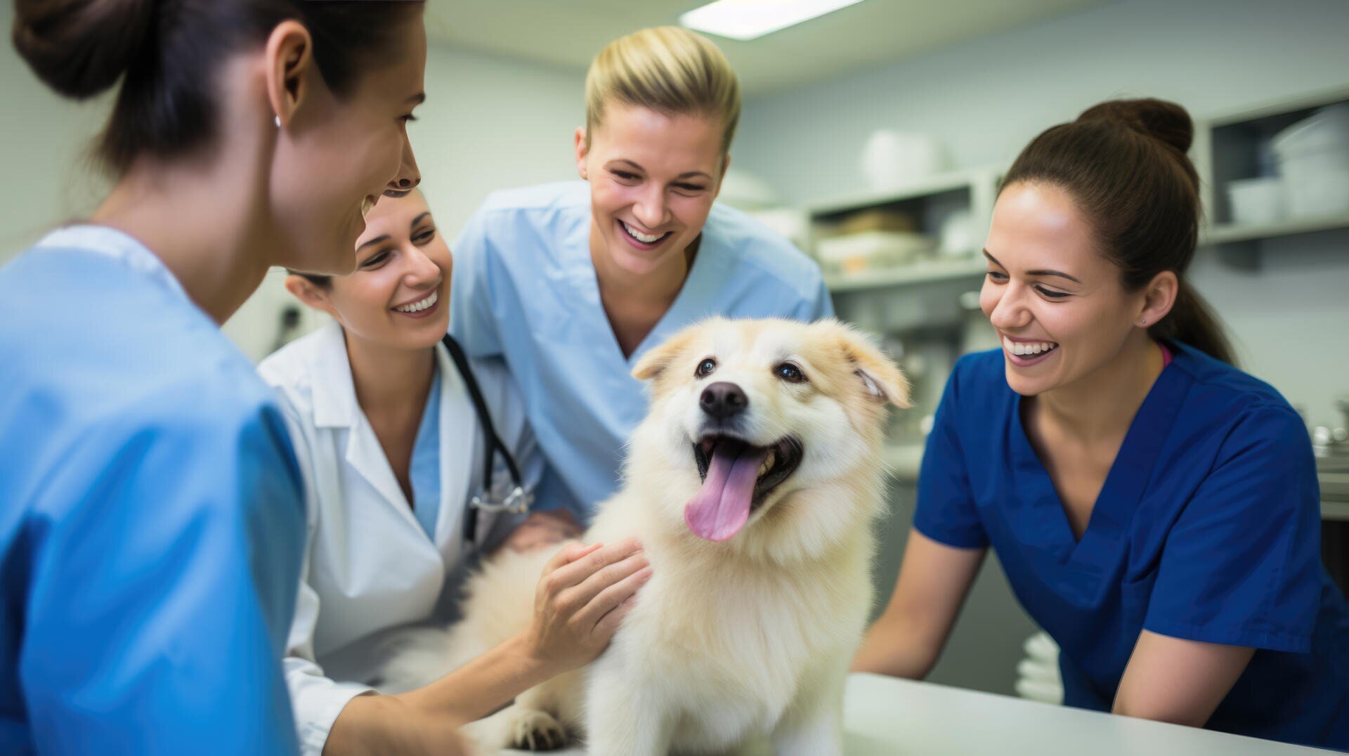 Vier lächelnde Tierärzte in OP-Kleidung streicheln sanft einen fröhlichen, flauschigen Hund, der auf einem Untersuchungstisch in einer hellen, modernen Praxis sitzt.