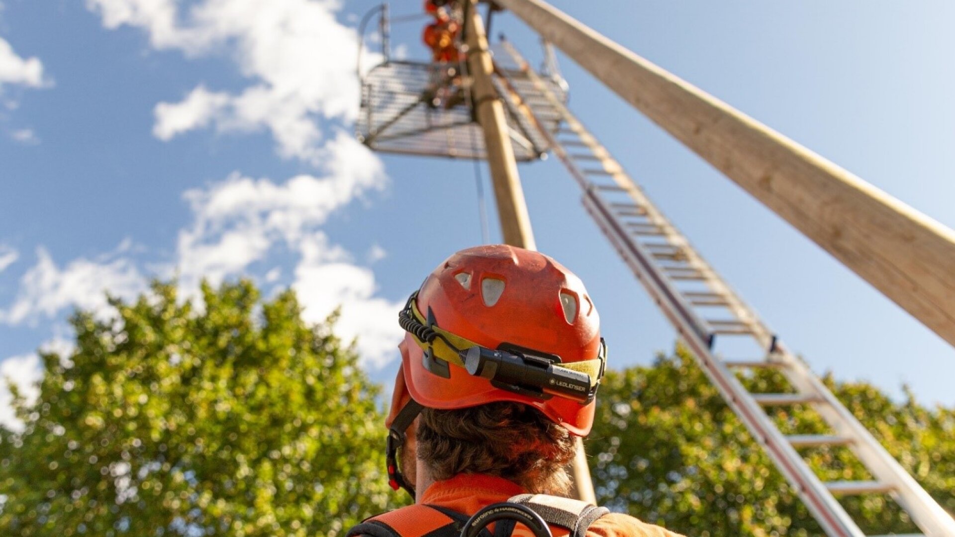 Eine Person, die einen orangefarbenen Helm und eine Sicherheitsausrüstung trägt, blickt zu einem anderen Arbeiter hoch oben auf einem Holzpfahl, mit einer Metallplattform und einer Leiter in der Nähe, unter einem teilweise bewölkten Himmel. Im Hintergrund sind Bäume zu sehen.