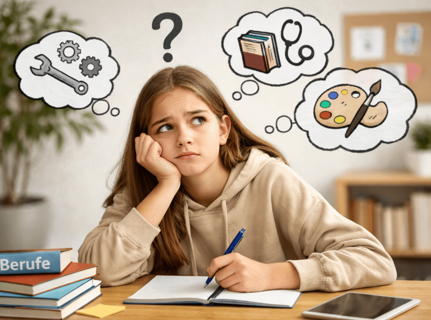 Ein Mädchen sitzt an einem Schreibtisch, den Kopf auf die Hand gestützt und einen Stift in der anderen Hand, und wirkt nachdenklich. Über ihr sind Gedankenblasen zu sehen, in denen Werkzeuge, Bücher und Malutensilien abgebildet sind, die verschiedene berufliche Möglichkeiten symbolisieren.