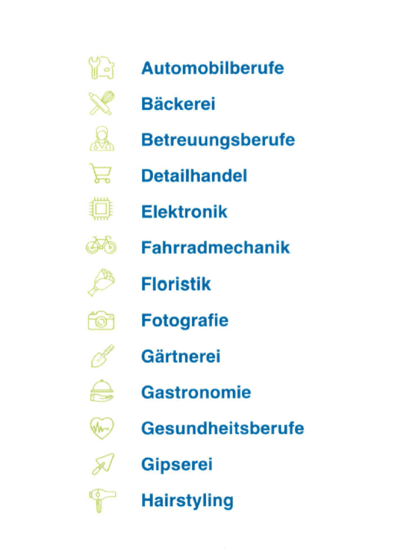 Eine Liste von Berufen in deutscher Sprache mit passenden Symbolen: Automobilberufe, Bäckerei, Betreuungsberufe, Detailhandel, Elektronik, Fahrradmechanik, Floristik, Fotografie, Gärtnerei, Gastronomie, Gesundheitsberufe, Gipserei, Hairstyling.