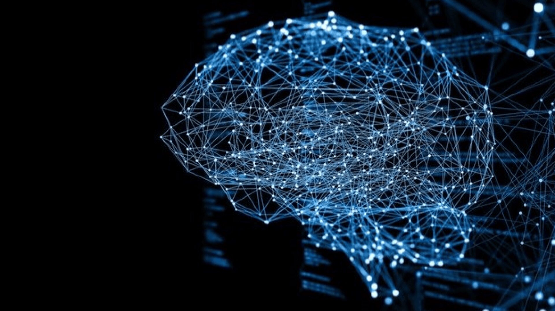 Eine digitale Illustration eines menschlichen Gehirns aus miteinander verbundenen blauen Linien und Punkten, die einem neuronalen Netz ähneln, auf einem dunklen Hintergrund mit schwachen Daten und Code-Elementen.