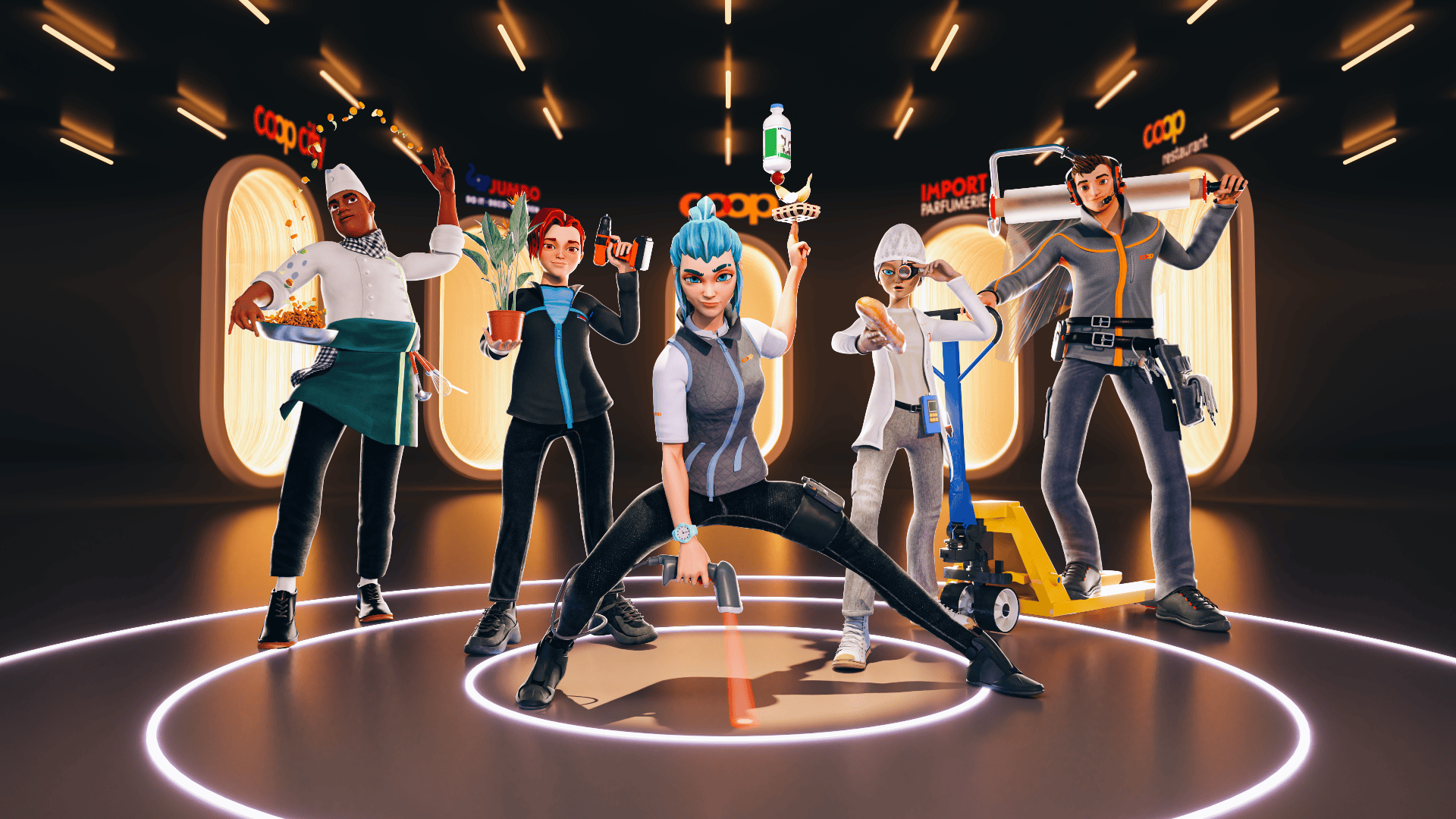 Fünf animierte Figuren in verschiedenen Arbeitsuniformen posieren selbstbewusst in einem futuristischen, leuchtenden runden Raum. Sie repräsentieren verschiedene Berufe: Koch, Gärtner, Kampfsportler, Zusteller und Techniker.