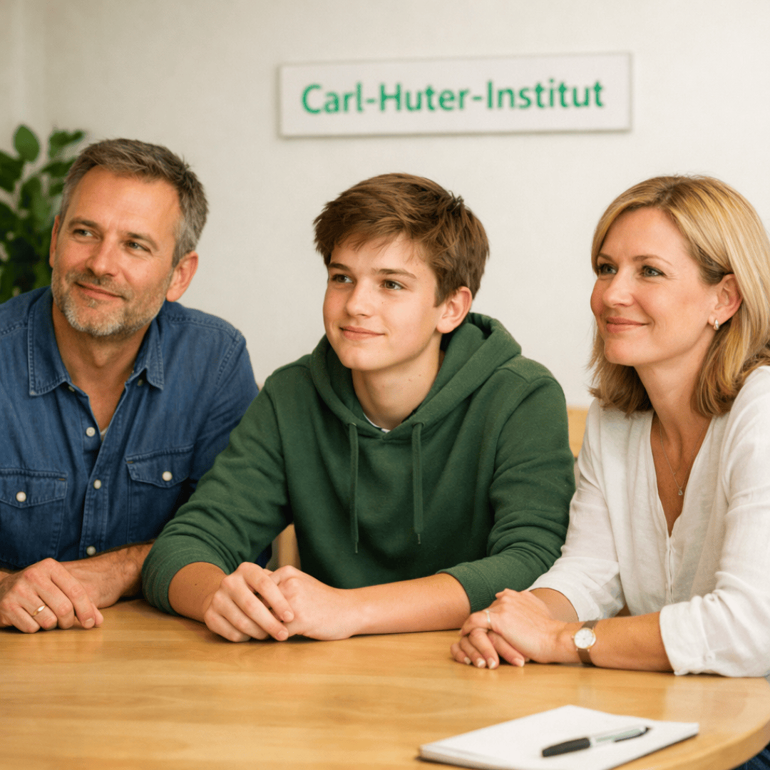 Drei Personen – zwei Erwachsene und ein Teenager – sitzen lächelnd gemeinsam an einem Tisch. Vor ihnen liegen ein Notizblock und ein Stift. Auf einem Schild an der Wand hinter ihnen steht „Carl-Huter-Institut“.