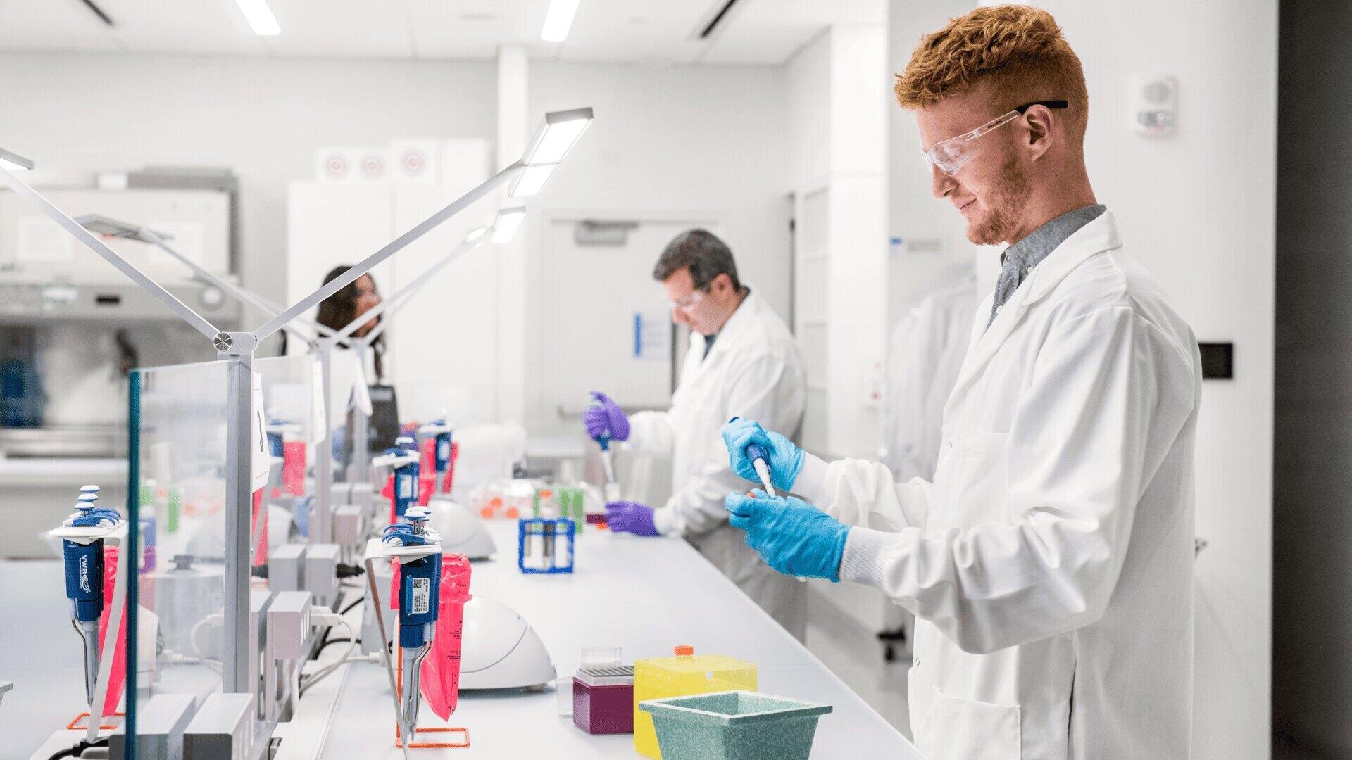 Mehrere Wissenschaftler in Laborkitteln und Handschuhen arbeiten an einem hellen, modernen Labortisch mit Laborgeräten und Proben.