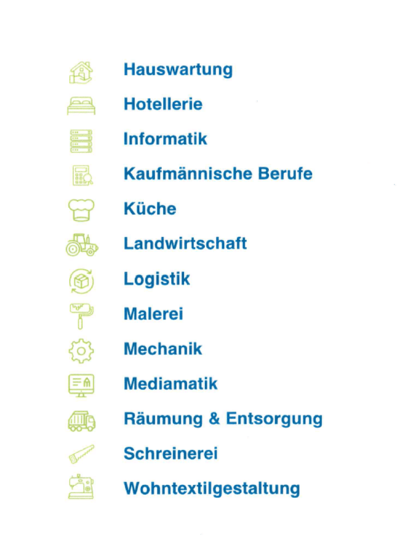 Eine Liste von Berufen auf Deutsch mit Symbolen: Hauswartung, Hotellerie, Informatik, Kaufmännische Berufe, Küche, Landwirtschaft, Logistik, Malerei, Mechanik, Mediamatik, Räumung & Entsorgung, Schreinerei, Wohntextilgestaltung.