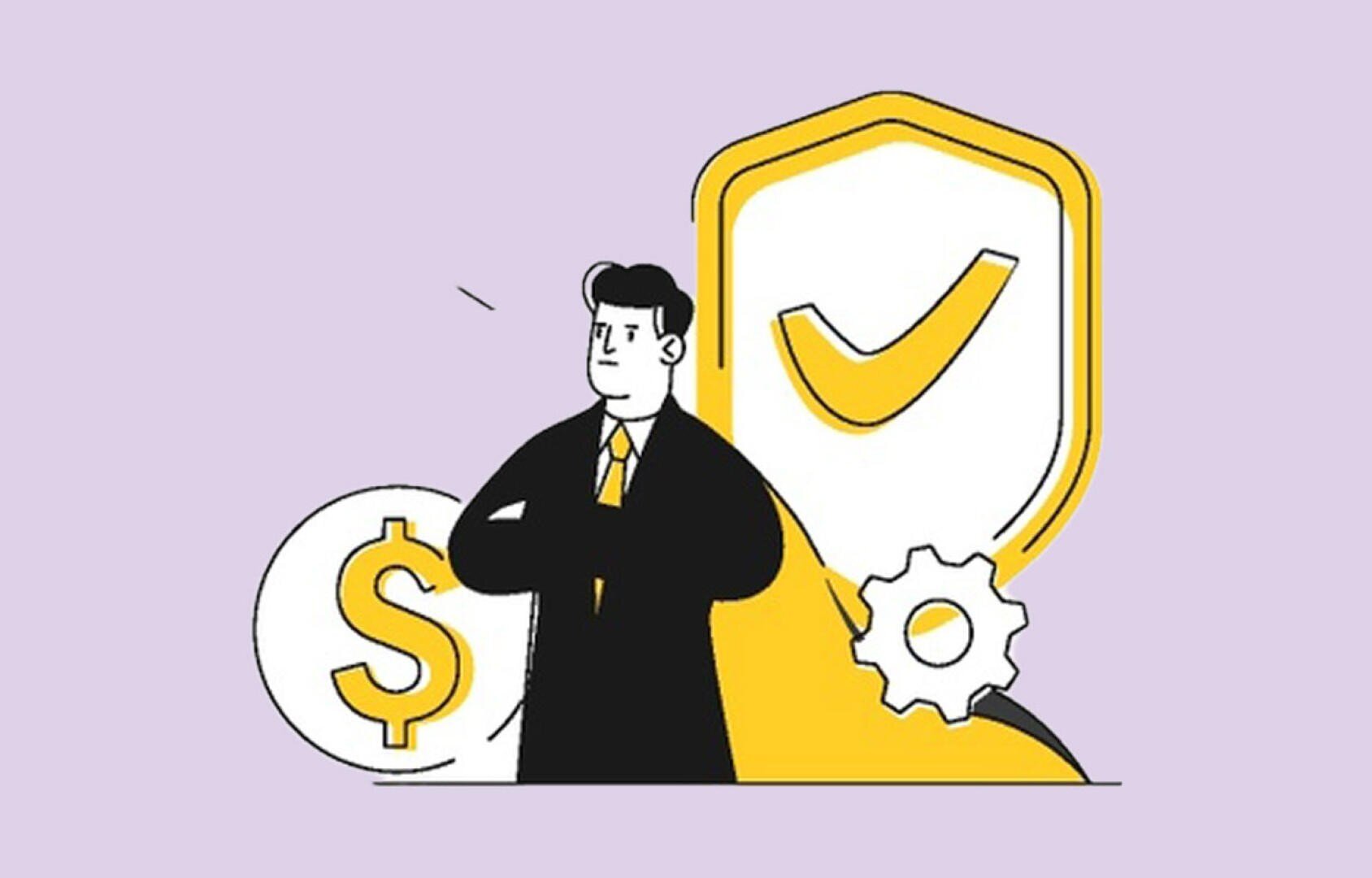 Illustration einer selbstbewussten Person im Anzug, die neben einem großen Dollarzeichen, einem Zahnrad und einem Schild mit einem Häkchen steht, das finanzielle Sicherheit und Erfolg symbolisiert. Der Hintergrund ist hellviolett.