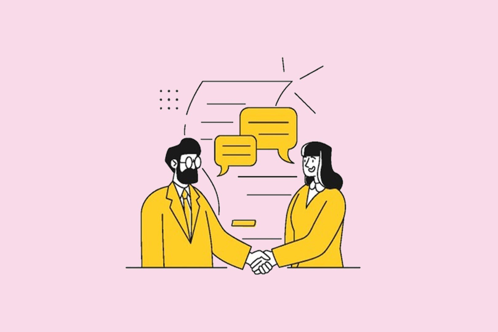 Illustration eines Mannes und einer Frau in gelber Geschäftskleidung, die sich die Hände schütteln, mit Sprechblasen über ihnen, die ein Gespräch oder eine Vereinbarung symbolisieren, auf einem hellrosa Hintergrund.