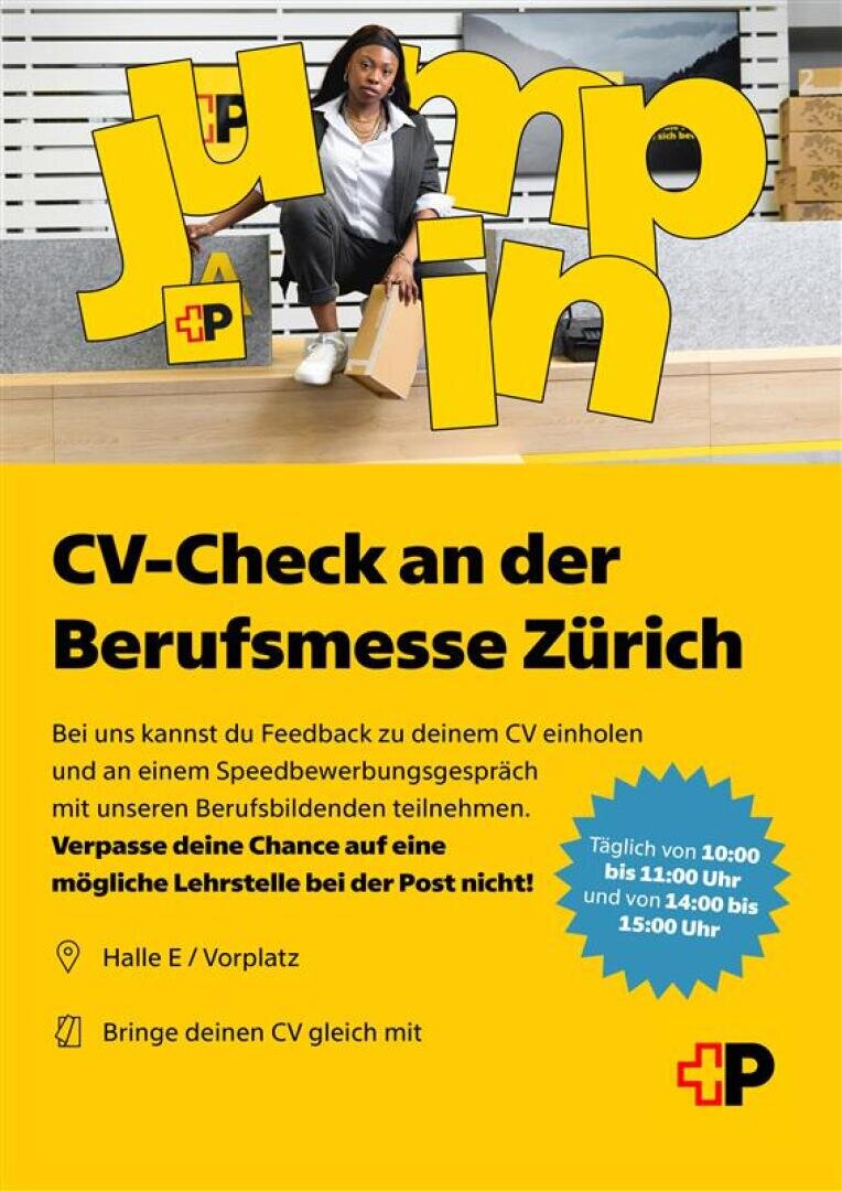 Eine junge Frau mit Laptop und Unterlagen sitzt auf einer Treppe unter dem fettgedruckten Text jump in. Darunter wirbt ein gelbes Banner für CV-Check an der Berufsmesse Zürich mit Veranstaltungshinweisen und Post-Logo.