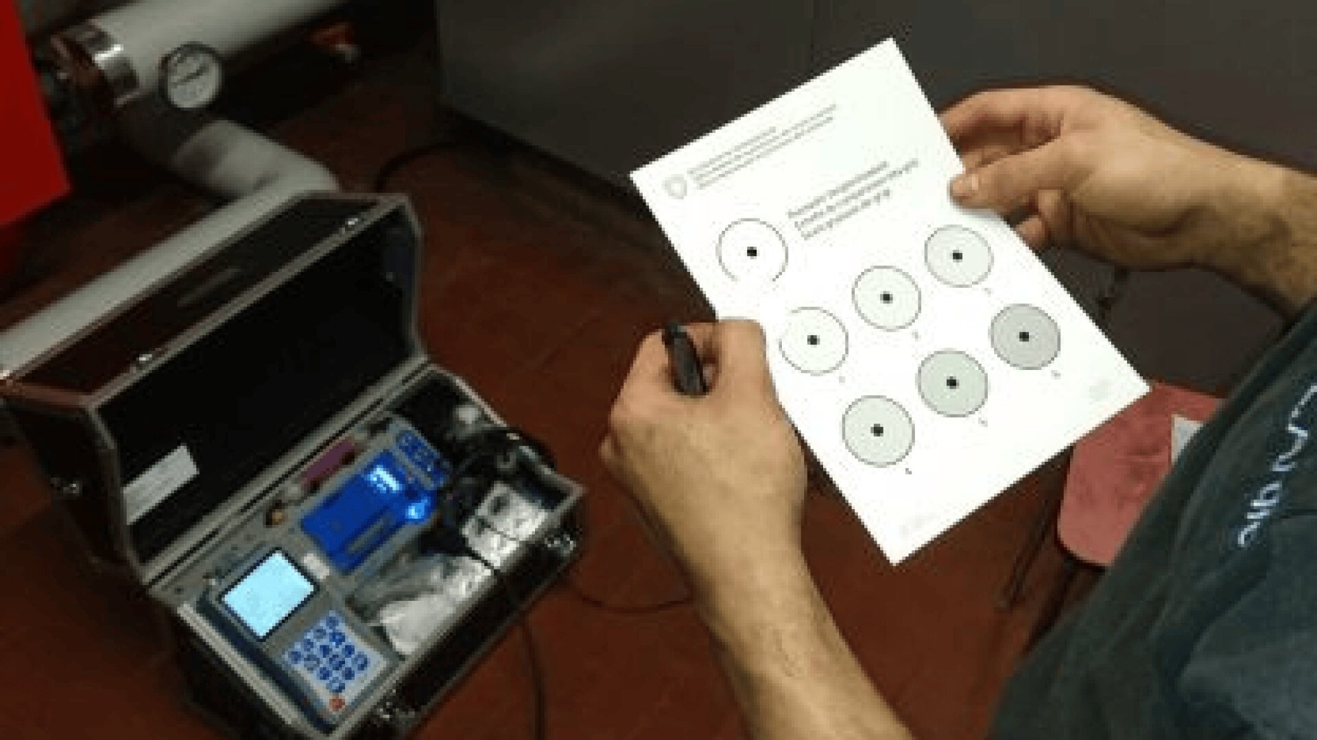 Eine Person markiert ein Blatt mit zielscheibenähnlichen Kreisen, während sie neben einem offenen Koffer steht, der elektronische Messgeräte und eine Digitalanzeige enthält.