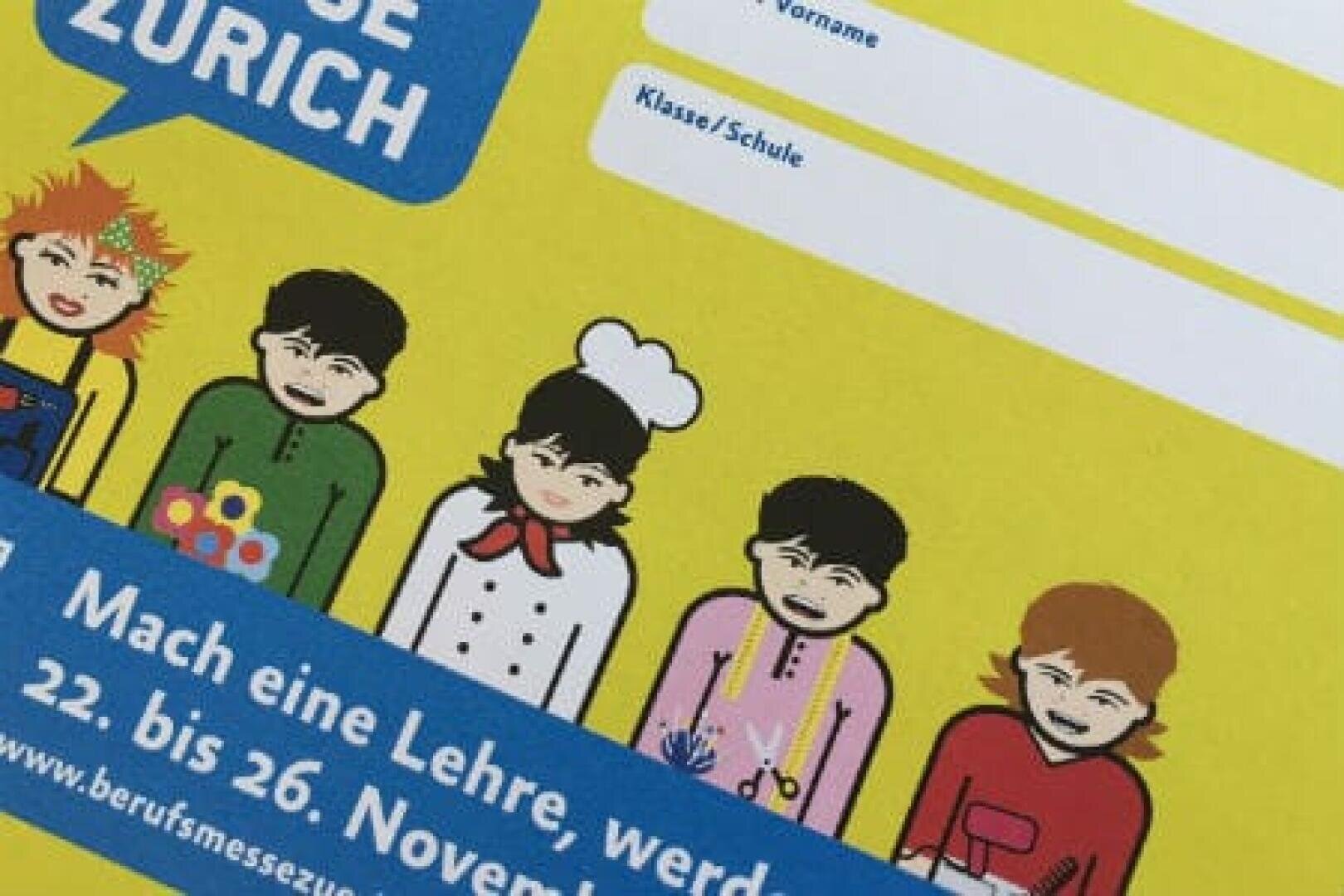 Ein bunter Flyer zeigt Cartoonfiguren in verschiedenen Berufen (z. B. Koch, Ingenieur, Krankenschwester) auf gelbem Hintergrund, mit Platz für Namen und Schule sowie deutschem Text, der für eine Veranstaltung in Zürich wirbt.