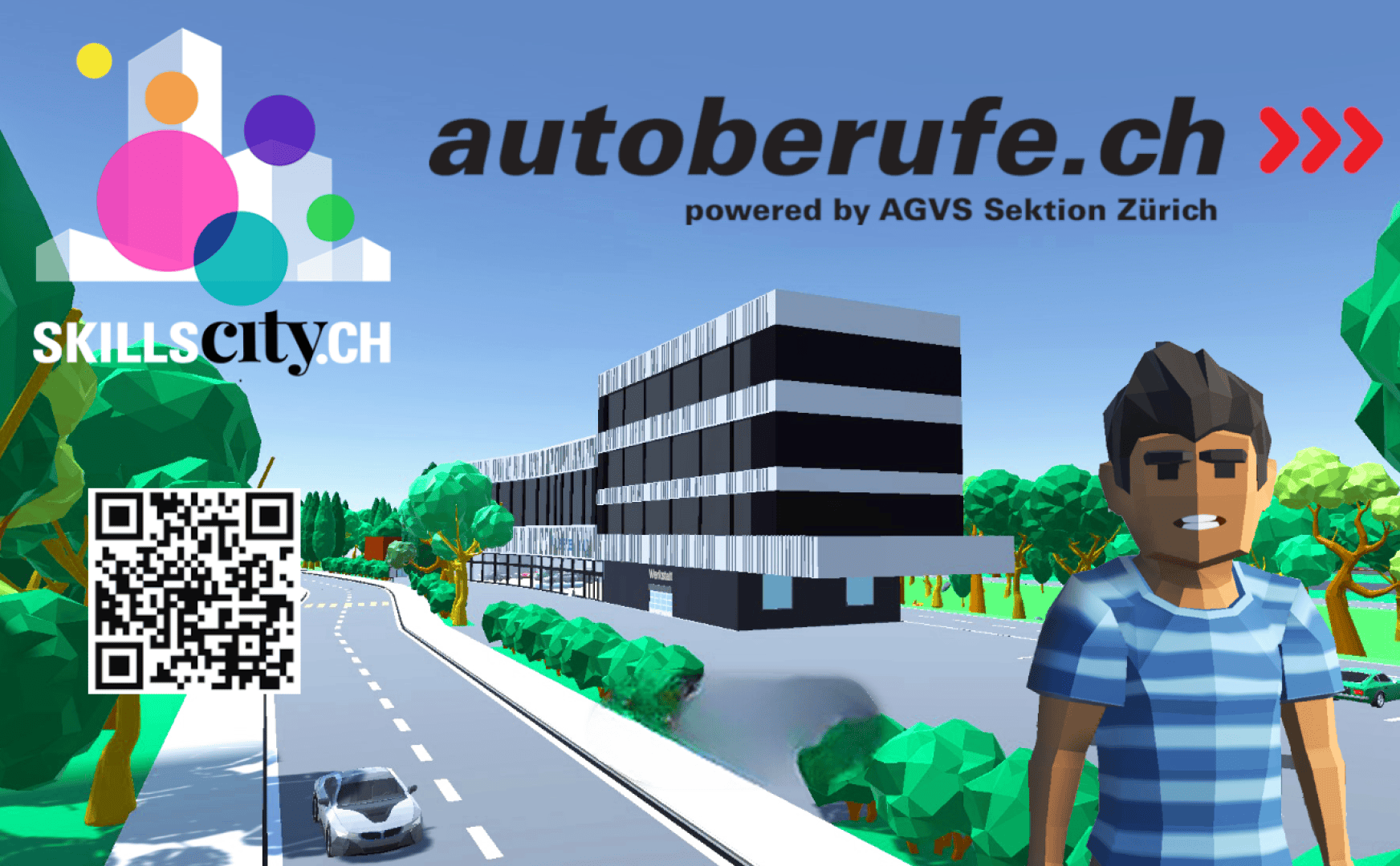 Digitale Low-Poly-Illustration, die ein modernes Gebäude und eine Person zeigt, zusammen mit der Website autoberufe.ch, dem Logo von SkillsCity.ch und einem QR-Code.