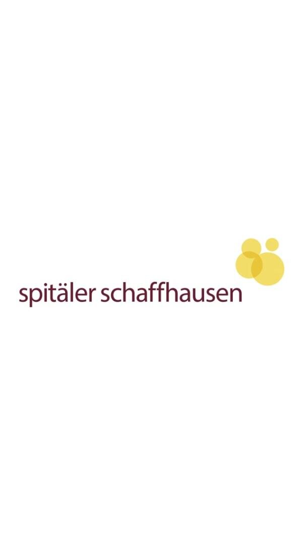 Logo mit dem Schriftzug "spitäler schaffhausen" in weinroten Kleinbuchstaben, daneben eine Gruppe von sich überlappenden gelben Kreisen auf weißem Hintergrund.