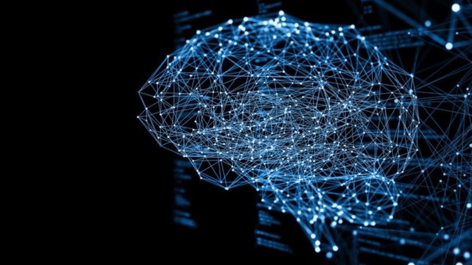 Eine digitale Illustration eines menschlichen Gehirns, bestehend aus miteinander verbundenen blauen Linien und leuchtenden Knoten, die ein neuronales Netz oder künstliche Intelligenz auf einem dunklen Hintergrund darstellen.