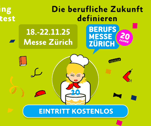 Werbegrafik für die "Berufsmesse Zürich" vom 18. bis 22. November 2025, mit einem Cartoon-Koch mit Torte, Veranstaltungshinweisen und Icons zu verschiedenen Berufen. Im Text werden der freie Eintritt und das 20-jährige Jubiläum erwähnt.