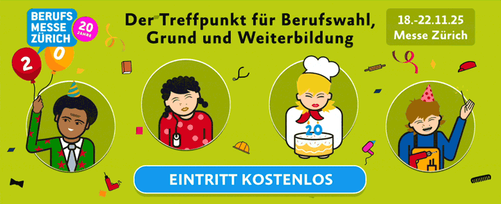 Ein farbenfrohes Banner für die Berufsmesse Zürich mit Zeichentrickfiguren, die mit Luftballons, Kuchen und Konfetti feiern. Der Text hebt den freien Eintritt und die Veranstaltungsdetails hervor: 18-22.11.25, Messe Zürich, für Berufs- und Bildungsberatung.